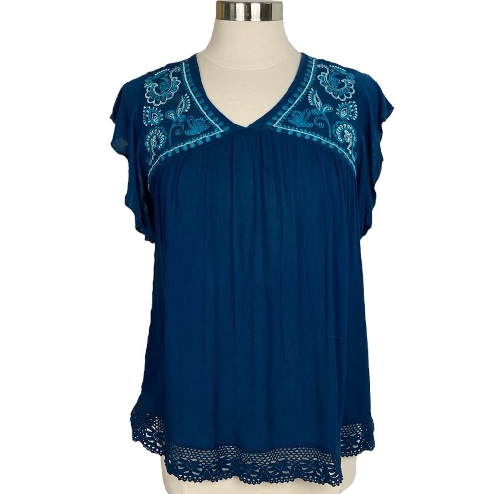 Knox Rose Teal Blue Embroidered Boho Top